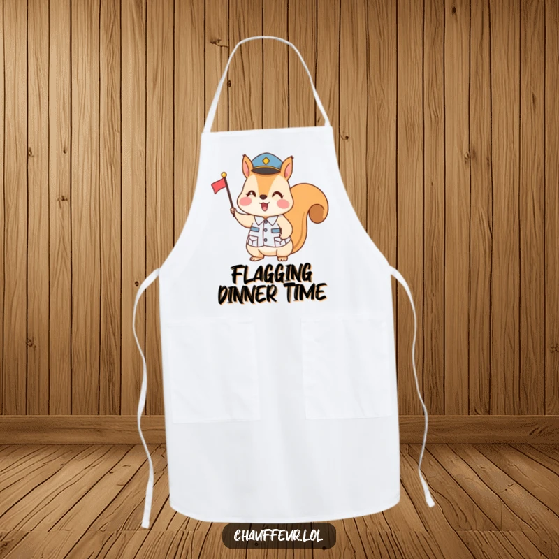 Funny Squirrel Flag Signal Apron: A uniformed squirrel adeptly uses a small flag to direct culinary operations, making this apron a funny kitchen essential.