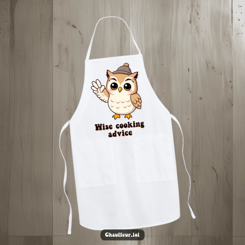 Funny apron featuring a cool owl character wearing a tiny hat and signaling with its wing, ideal funny gift.