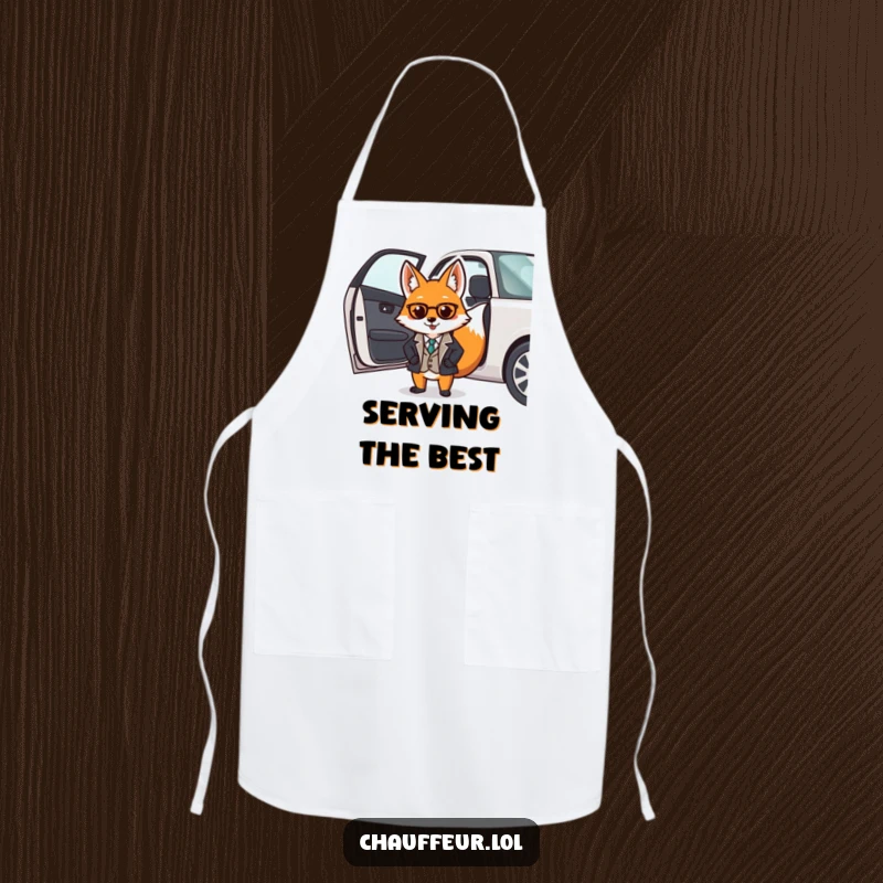 Funny apron with a dapper fox in a smart uniform opening a car door, perfect for cooking with sophisticated humor.