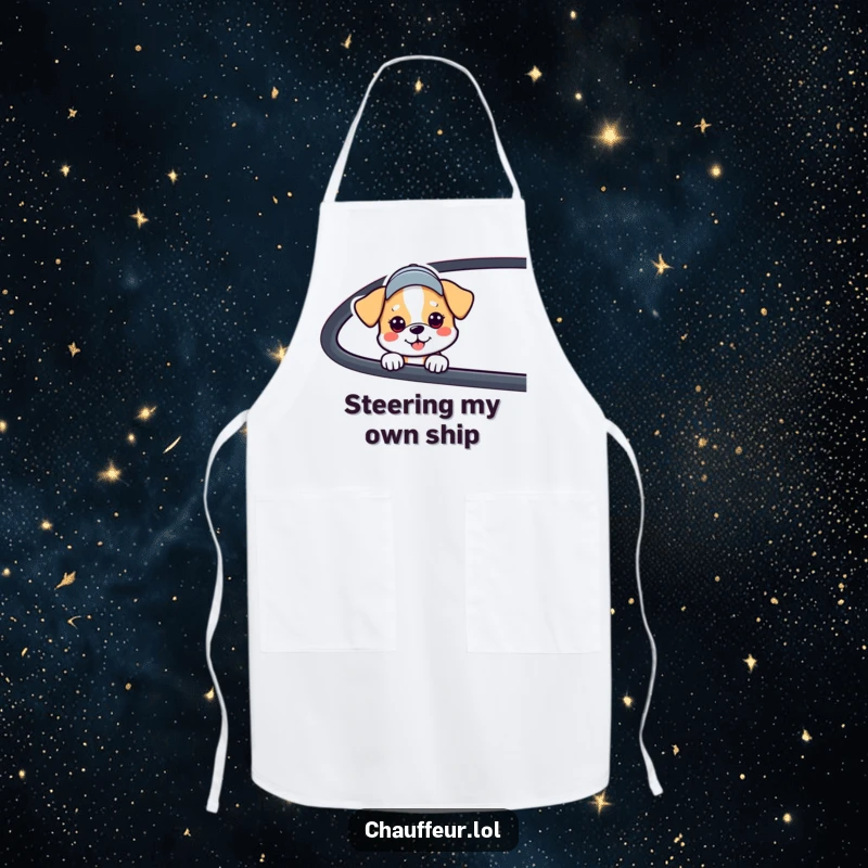 Funny Dog Car Window Apron with a dog wearing a cap peeking from a car, a practical and funny gift for the kitchen.