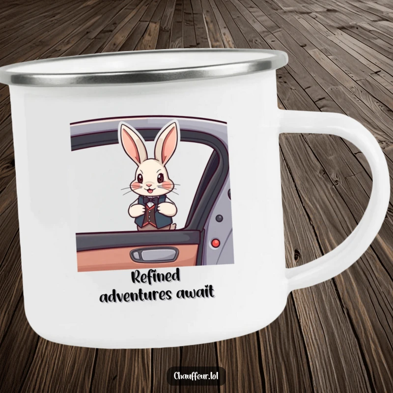Funny Rabbit Vest Camping Mug showing a debonair rabbit in a vest opening a car door, rugged and a funny gift.