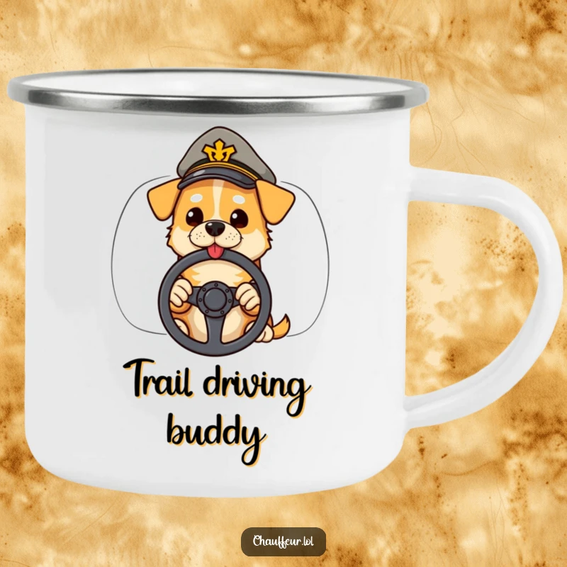 Funny camping mug featuring a cool dog in a peaked cap holding a steering wheel, perfect for outdoor beverage enjoyment.