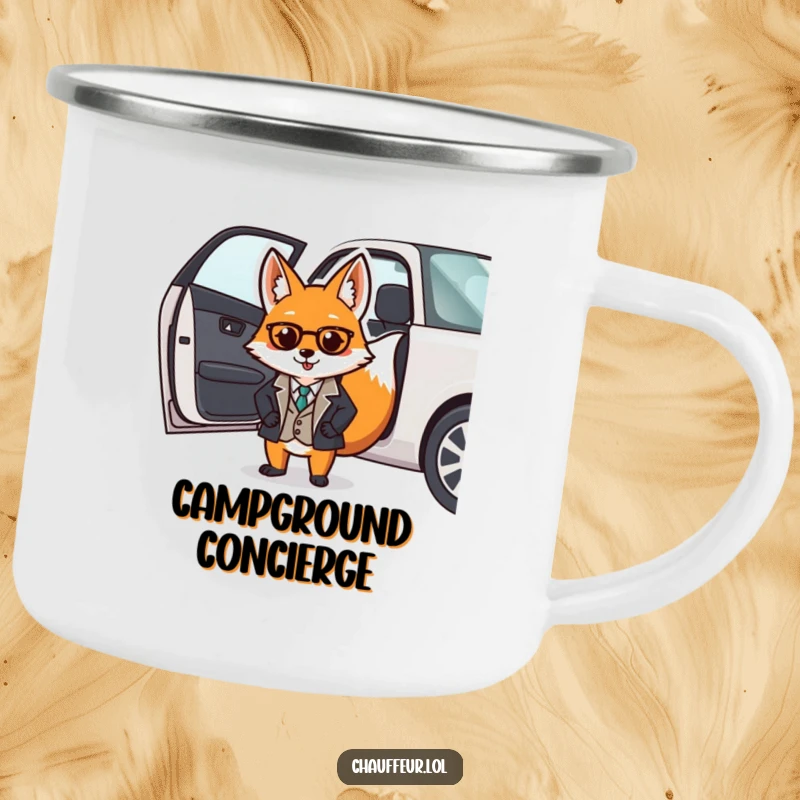 Funny camping mug featuring a dapper fox in a smart uniform opening a car door, perfect for sophisticated outdoor enjoyment.