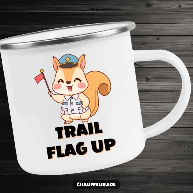 Funny Squirrel Flag Signal Camping Mug: A sturdy mug with a uniformed squirrel using a flag, ready for outdoor fun and humorous moments.