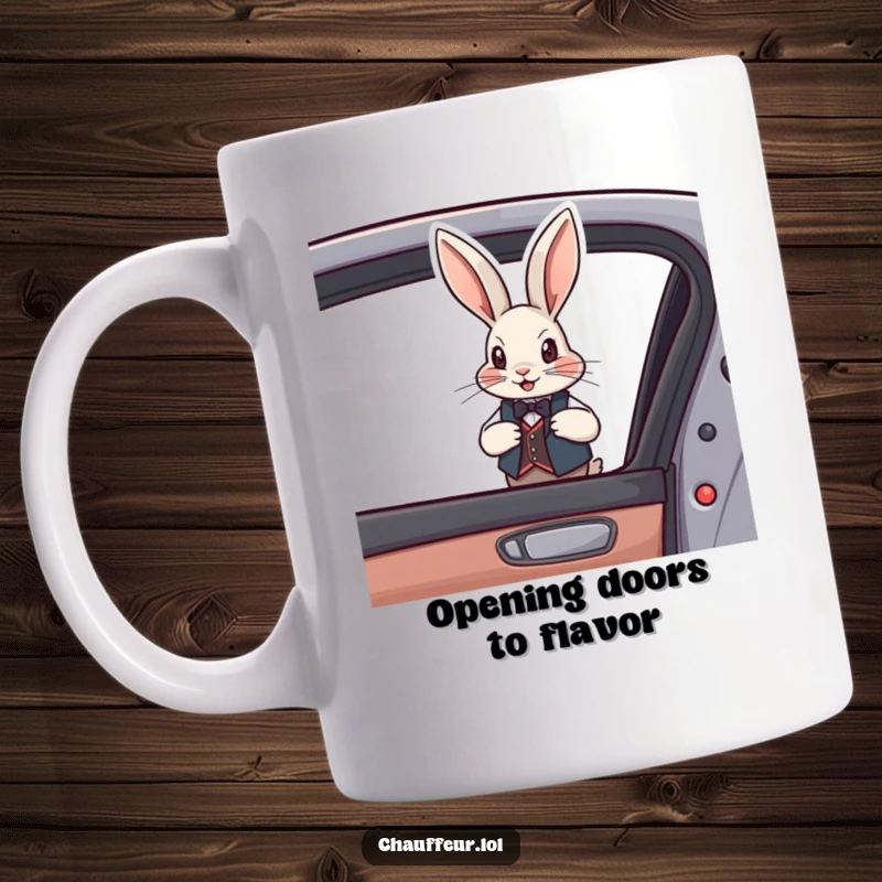 Funny Rabbit Vest Mug with a debonair rabbit in a vest opening a car door, a stylish and funny gift for animal lovers.
