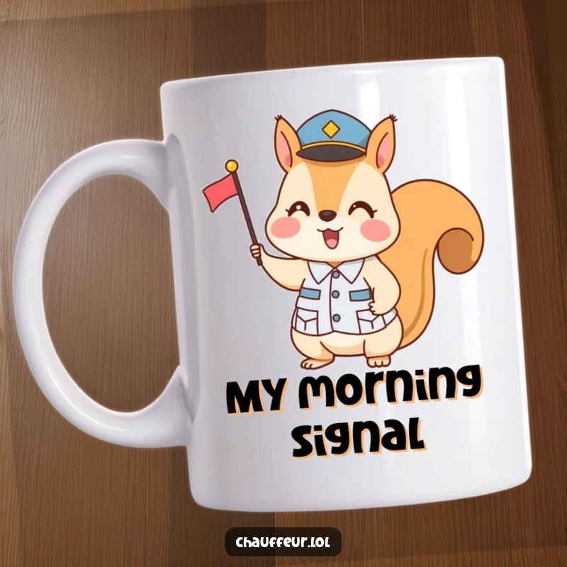 Funny Squirrel Flag Signal Mug: A determined squirrel in uniform uses a small flag for important signals, adding a touch of playful authority.