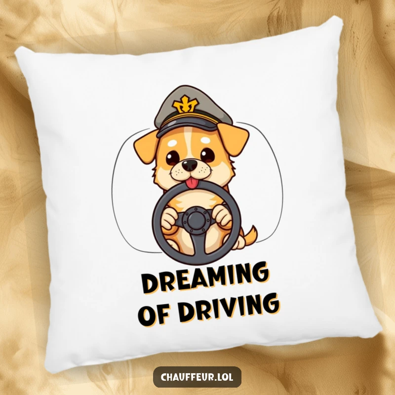 Funny pillow showcasing a cool dog wearing a peaked cap, holding a steering wheel, perfect for cozy, car-themed comfort.