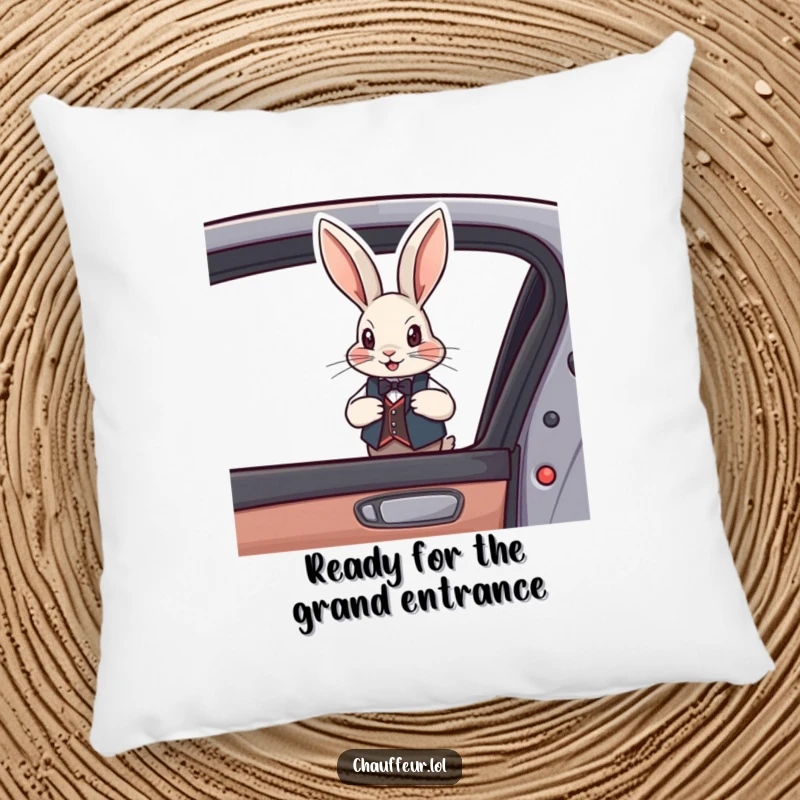 Funny Rabbit Vest Pillow featuring a dapper rabbit in a vest opening a car door, plush and a funny gift.