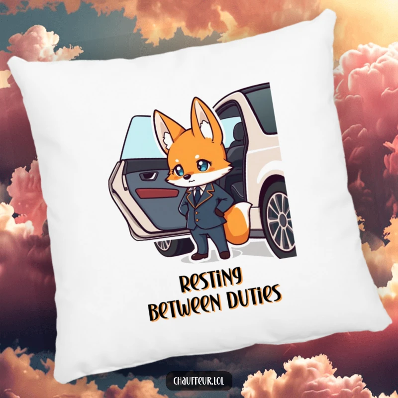 Funny and soft pillow featuring a suave fox in a uniform waiting by a car door, a perfect funny gift.