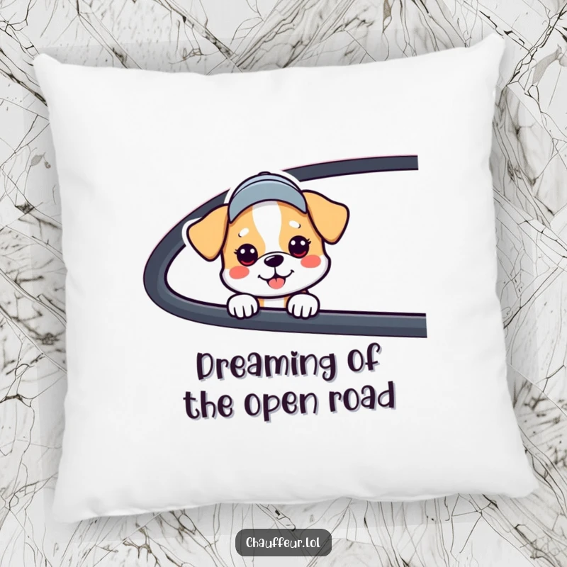 Funny Dog Car Window Pillow featuring a cute dog in a cap peeking from a car, a soft and funny gift accent.