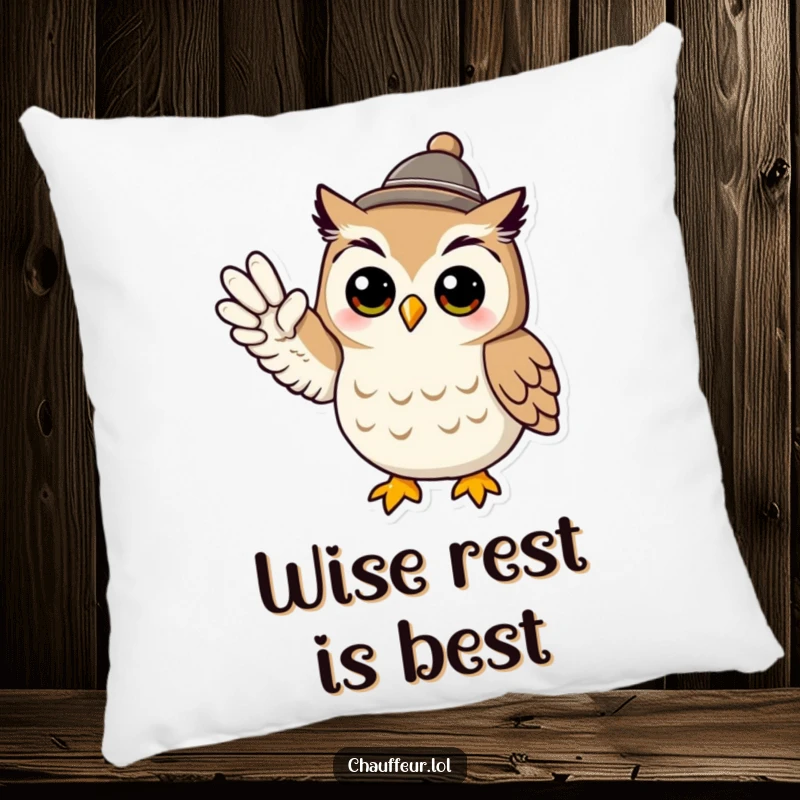 Funny and soft pillow featuring a cool owl wearing a tiny hat and signaling with its wing, a perfect funny gift.