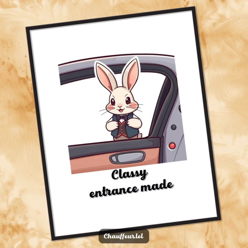 Funny Rabbit Vest Digital Art Print showing a debonair rabbit in a vest opening a car door, instant download, funny gift.