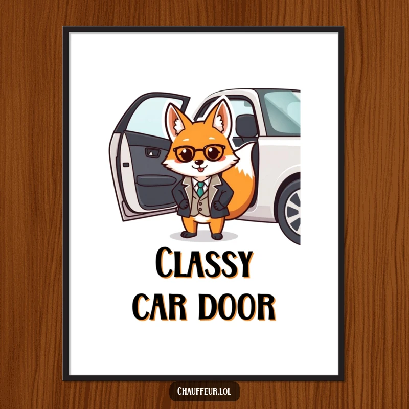 Funny digital art print of a dapper fox in a smart uniform opening a car door, perfect for instant refined decor.