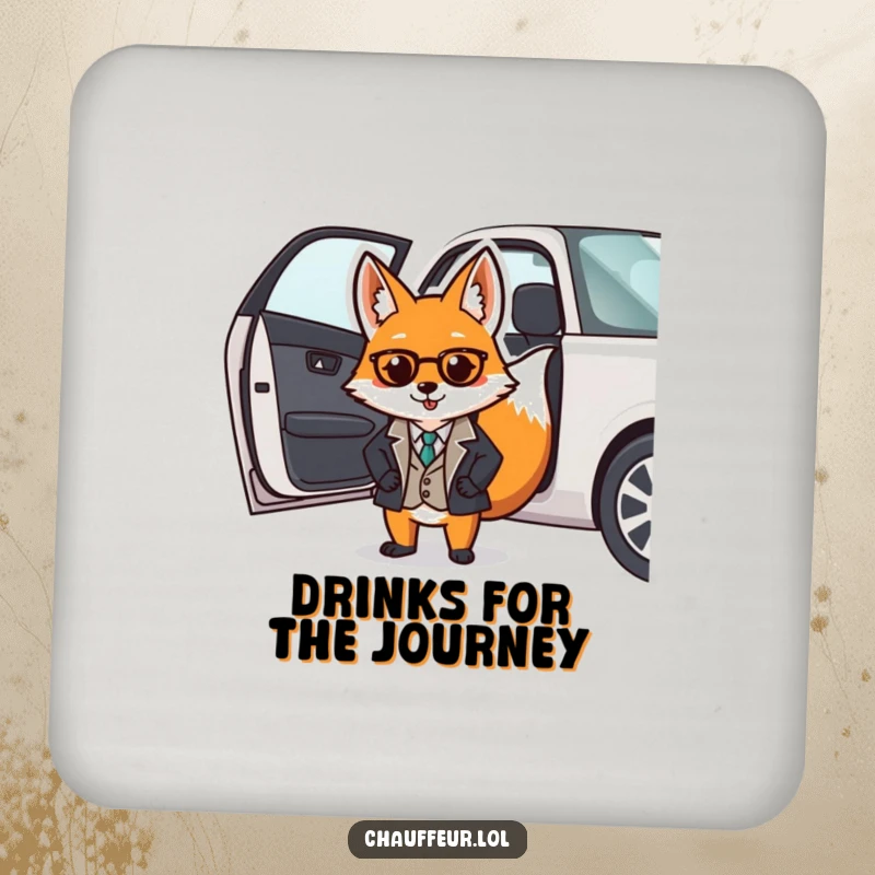 Funny drink coaster with a dapper fox in a smart uniform opening a car door, protecting surfaces with sophisticated humor.