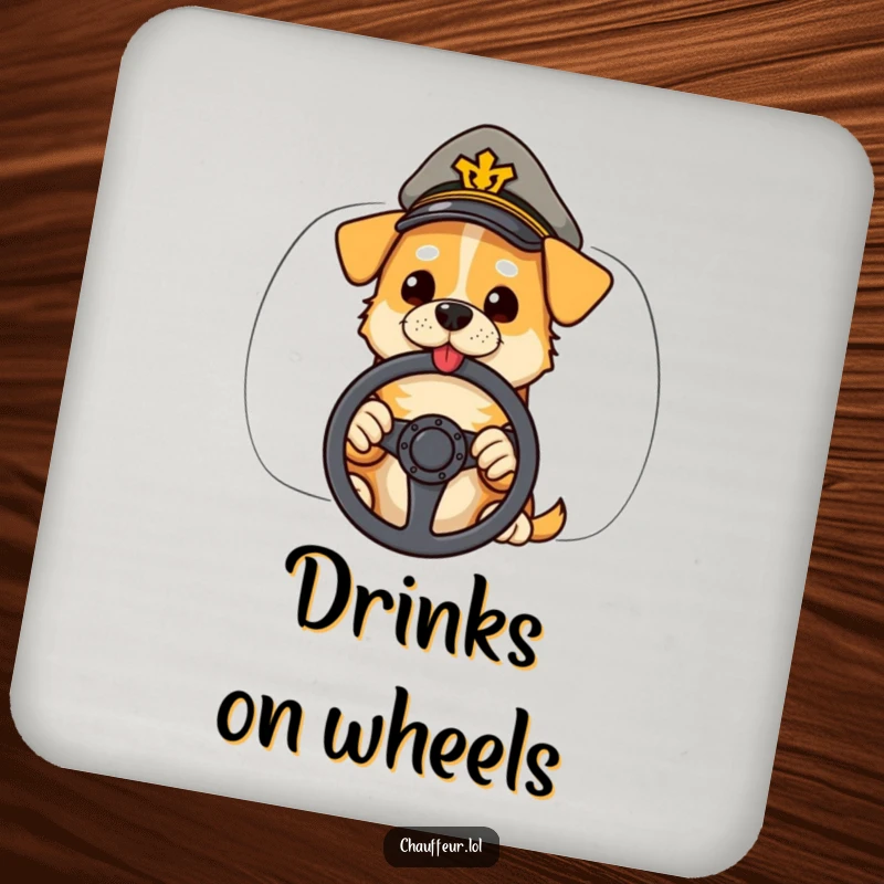 Funny drink coaster with a cool dog in a peaked cap holding a steering wheel, protecting surfaces with automotive humor.