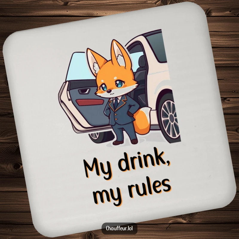 Funny drink coaster with a suave fox character in a uniform confidently waiting by a car door, fantastic funny gift.