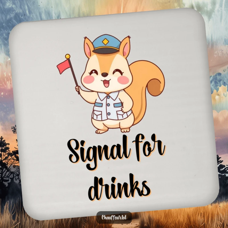 Funny Squirrel Flag Signal Drink Coaster: A cute squirrel in uniform directs traffic with a flag, protecting your table with humor.