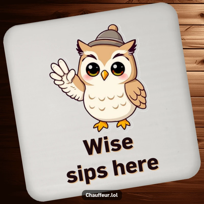 Funny drink coaster with a cool owl character wearing a tiny hat and signaling with its wing, fantastic funny gift.