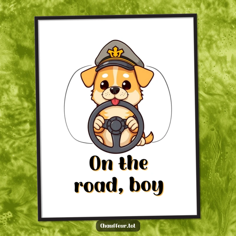 Funny poster of a cool dog in a peaked cap holding a steering wheel, adding automotive flair and humor to walls.