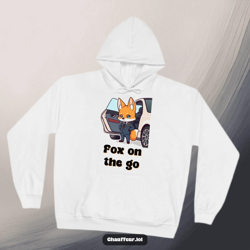 Funny and cozy hoodie design featuring a suave fox in a uniform waiting by a car door, ideal funny gift.