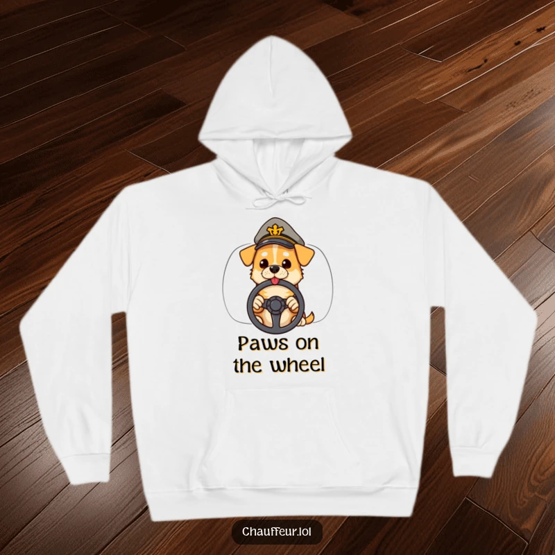 Funny hoodie with a cool dog wearing a peaked cap, holding a steering wheel, perfect for cozy road trips.