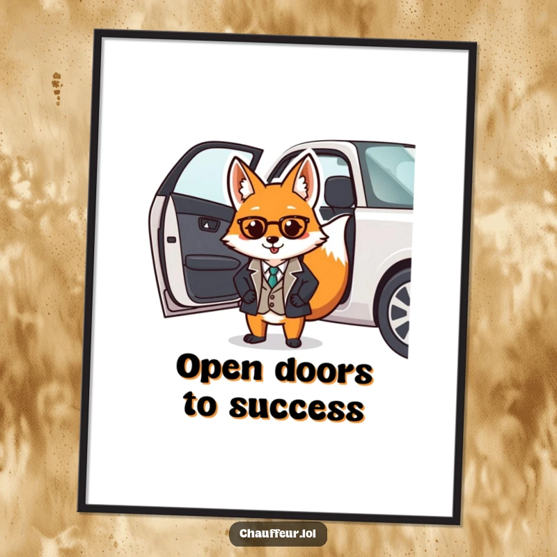 Funny Free Printable Wall Art: Dapper fox in a smart uniform opening a car door, perfect for a study or lounge.