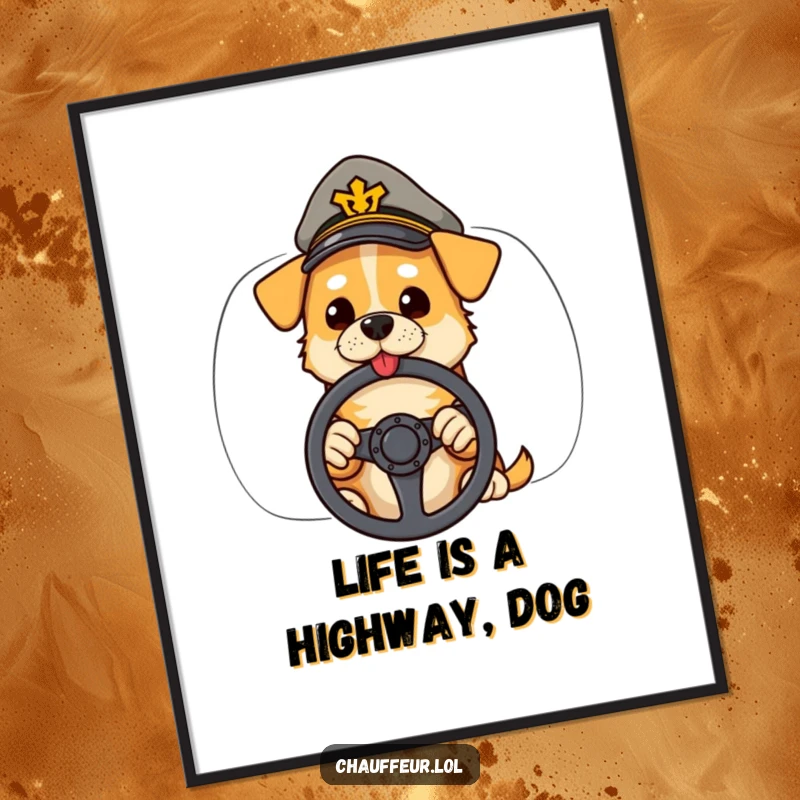 Funny Free Printable Wall Art: Cool dog in a peaked cap holding a steering wheel, perfect for a garage or man cave.