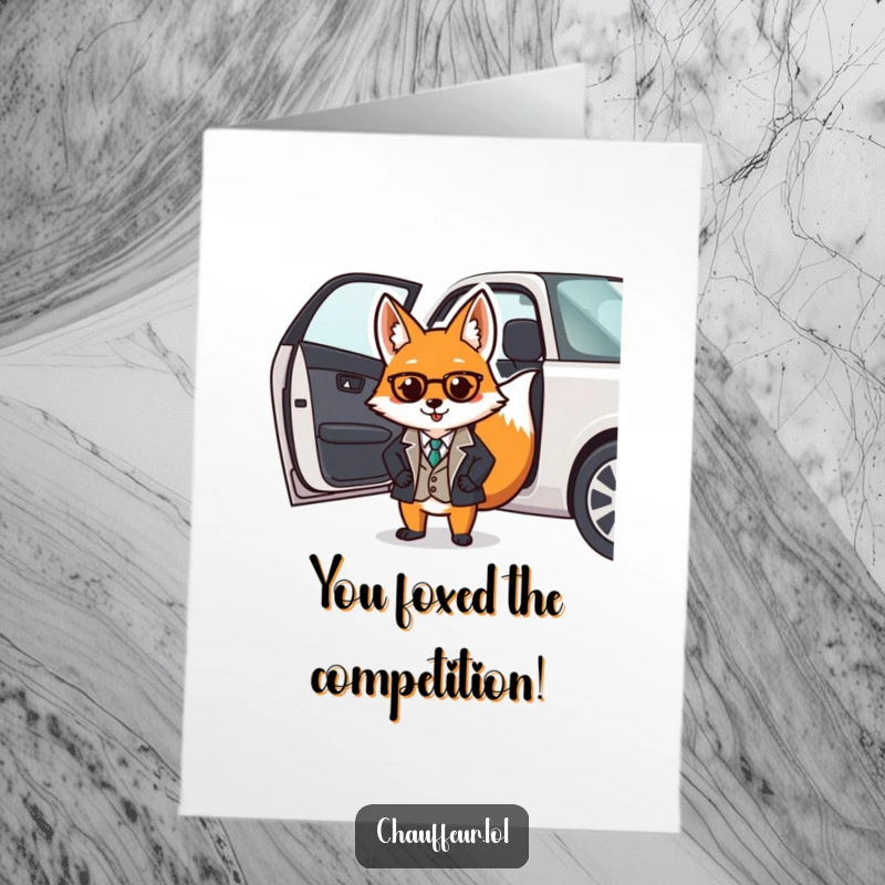 Funny Free Printable Congratulations Card: Dapper fox in a smart uniform opening a car door, signifying a grand new chapter.