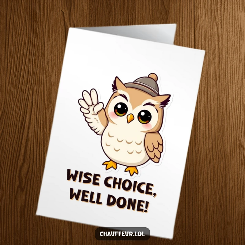 Funny free printable congratulations card: a cool owl with a hat signals with its wing, celebrating success.