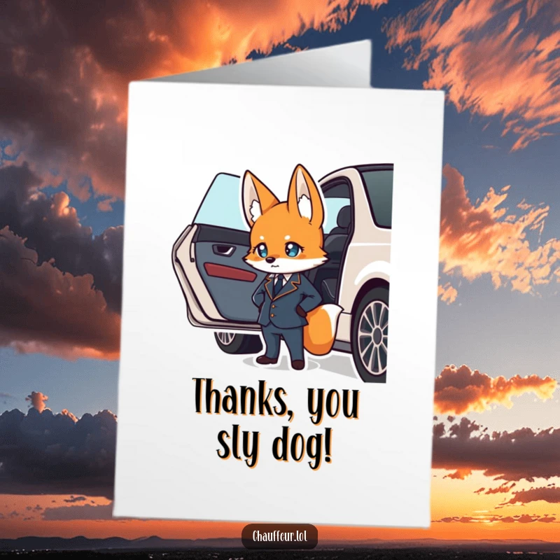 Funny free printable thank you card: a suave fox in a uniform confidently waits by a car door, ready to receive thanks.