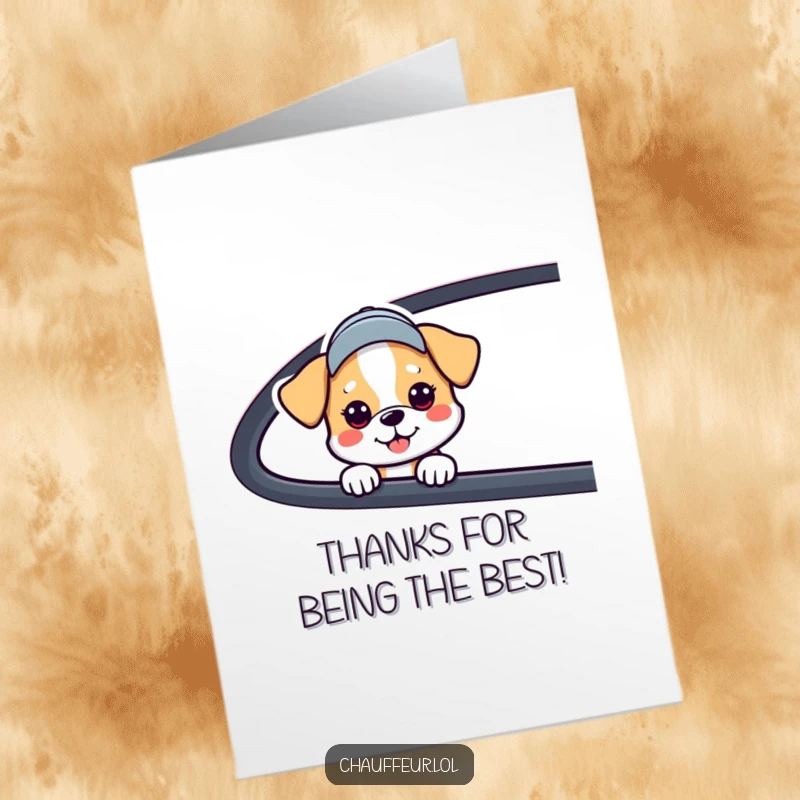 Funny Free Printable Thank You Card: A smiling dog in a small cap peeks from a car, expressing thanks in a unique way.