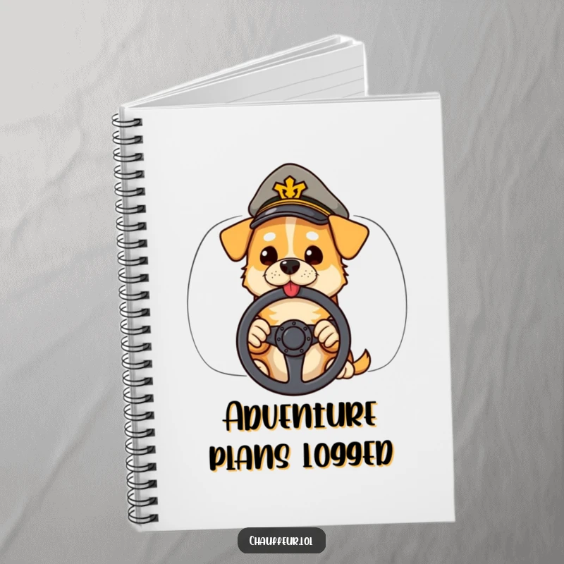 Funny notebook with a cool dog in a peaked cap holding a steering wheel, perfect for planning adventures and jotting notes.