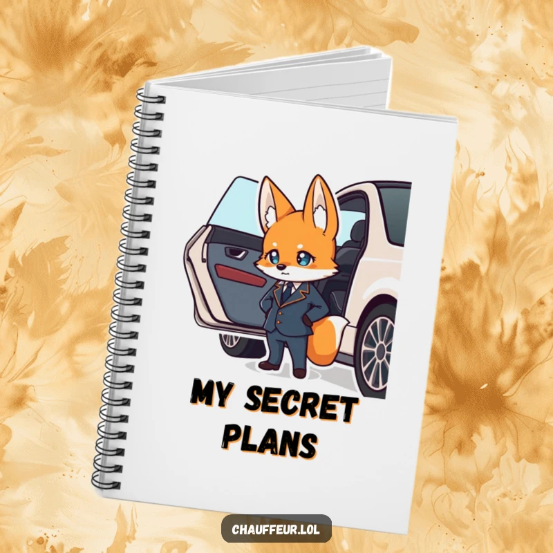 Funny notebook cover with a suave fox character in a uniform confidently waiting by a car door, great funny gift.