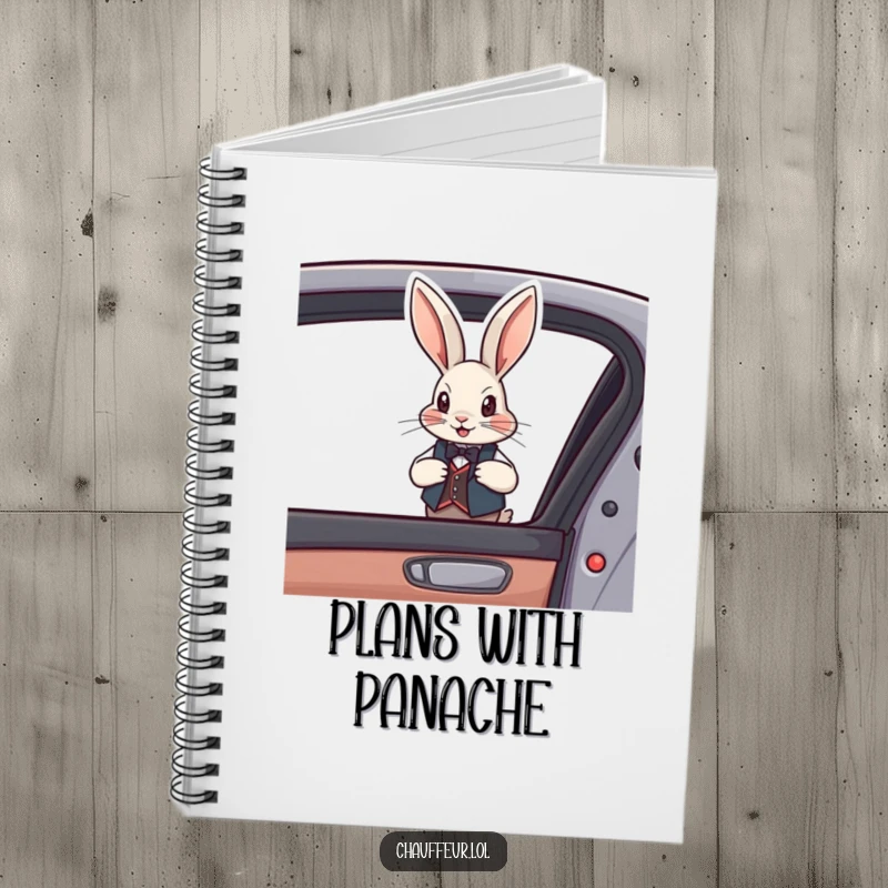 Funny Rabbit Vest Notebook featuring a debonair rabbit in a vest opening a car door, perfect for notes and a funny gift.