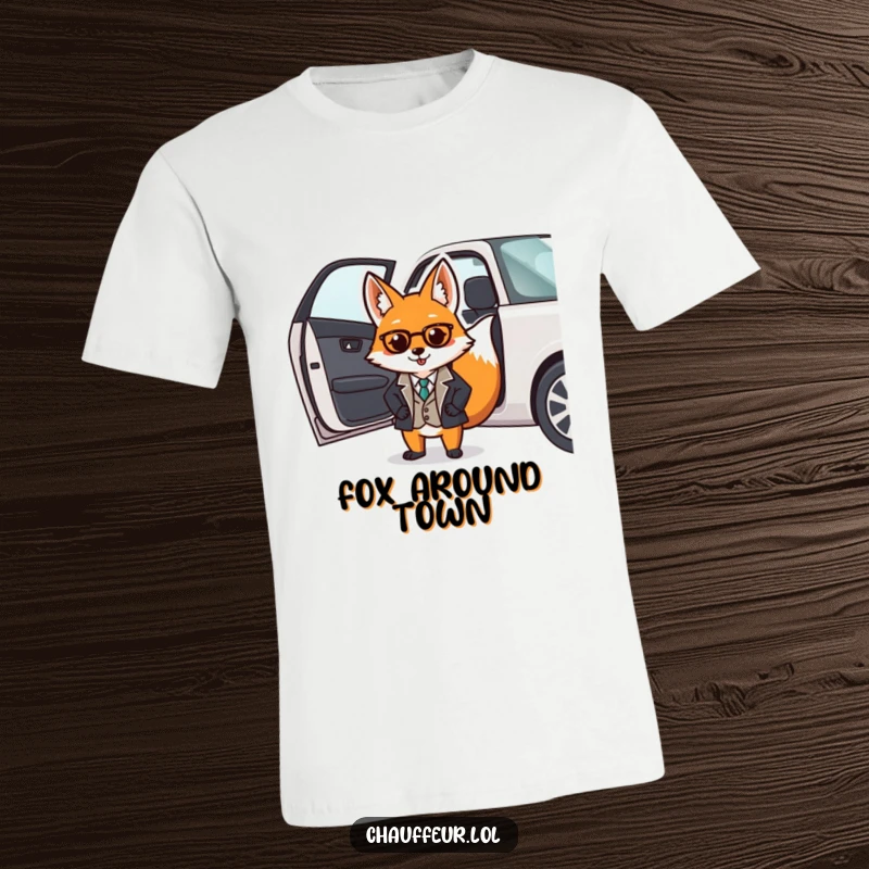 Funny t-shirt showing a dapper fox in a smart uniform opening a car door, exuding sophistication and humor.