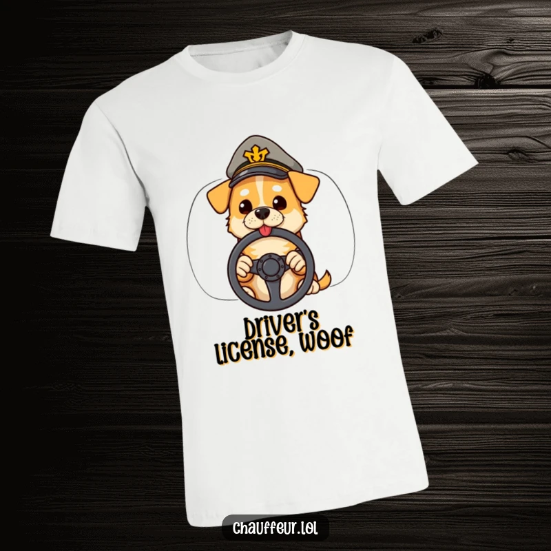 Funny t-shirt showing a cool dog in a peaked cap holding a steering wheel, ready for adventure and joyrides.