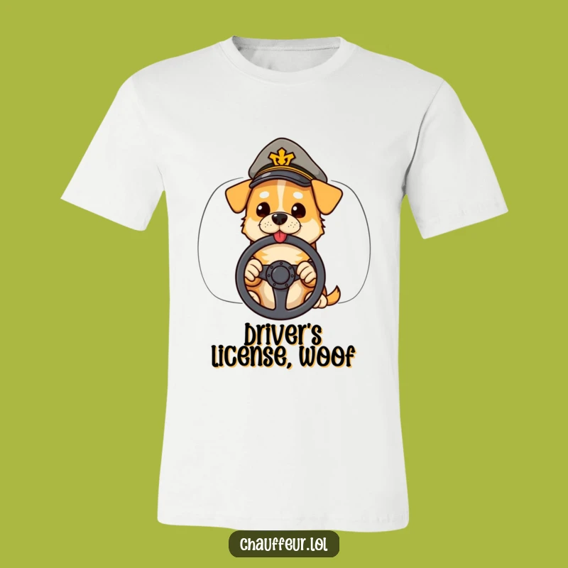 Funny Dog Driver T-Shirt: Cool Canine Navigator with Peaked Cap and Wheel