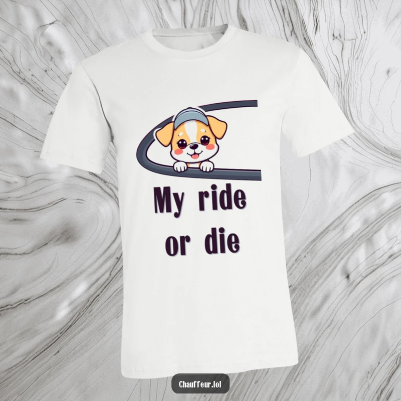 Funny Dog Car Window T-Shirt featuring a cute dog in a cap looking out a car, perfect funny gift for pet fans.