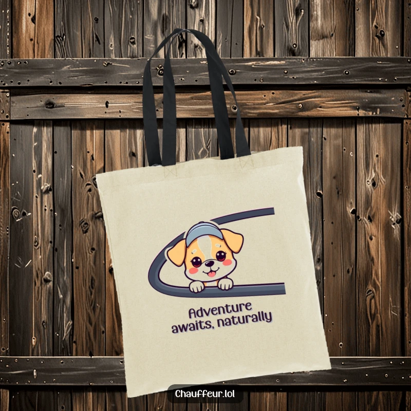 Funny Dog Car Window Tote Bag with a dog in a cap peeking from a car, a practical and funny gift for daily use.