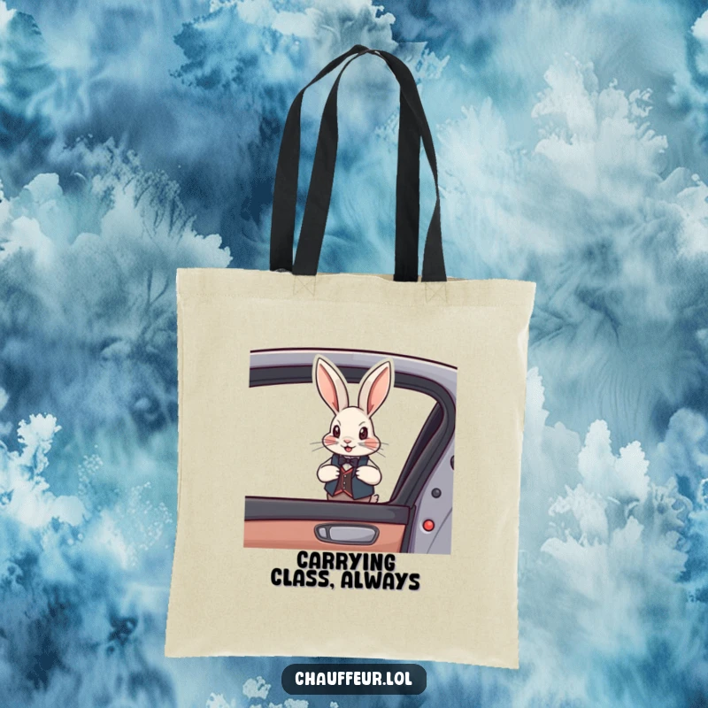 Funny Rabbit Vest Tote Bag with a dapper rabbit in a vest opening a car door, a chic and funny gift.