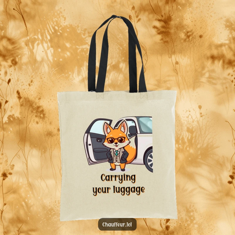 Funny tote bag with a dapper fox in a smart uniform opening a car door, ideal for carrying essentials with sophistication.